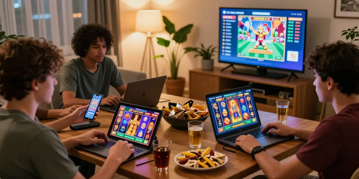 Players enjoying slot raja games in a cozy living room setting, showcasing excitement and vibrant visuals.