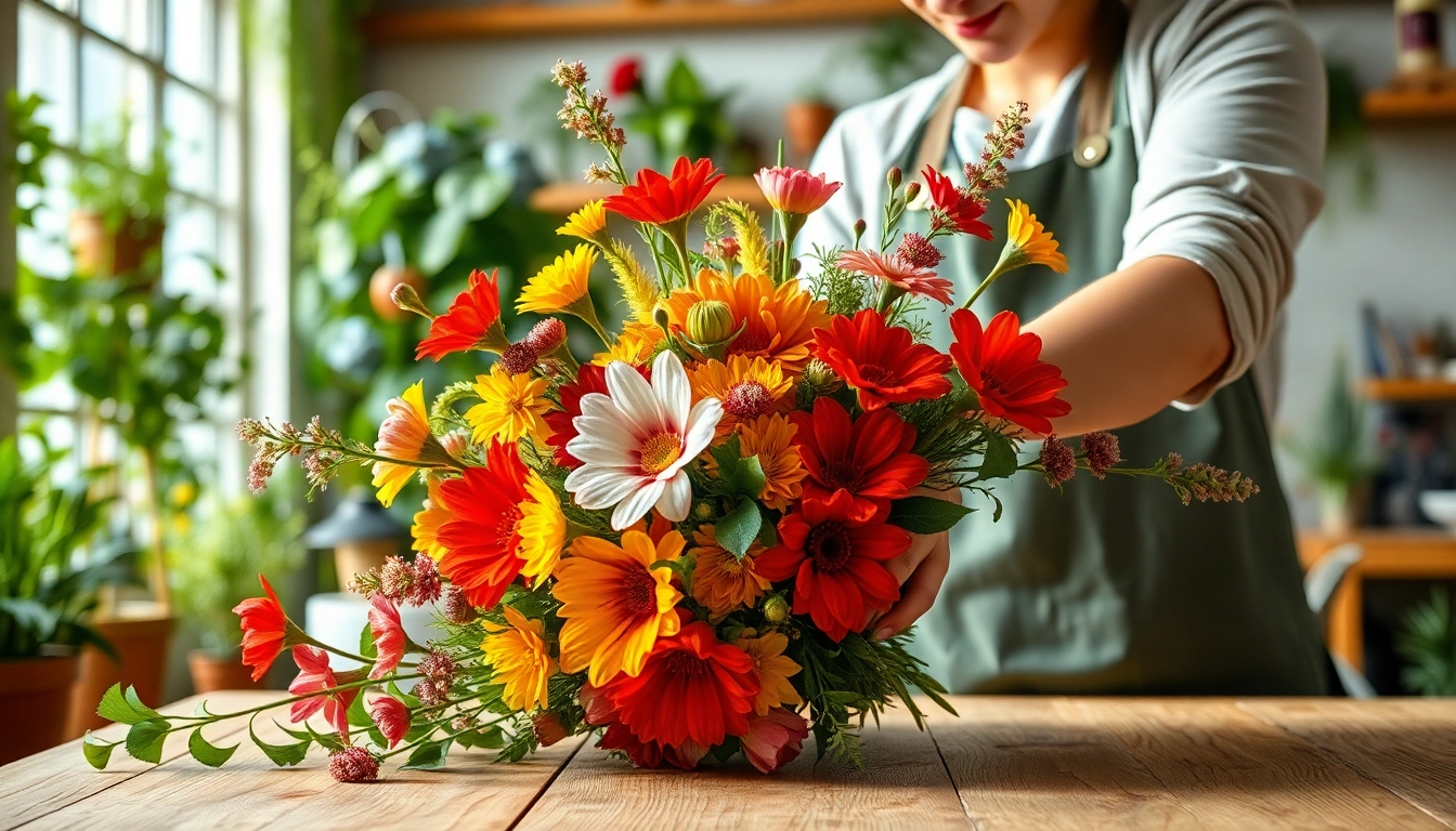 Die bluetenbande zeigt einen floristischen Meister bei der Erstellung eines bunten Bouquets.