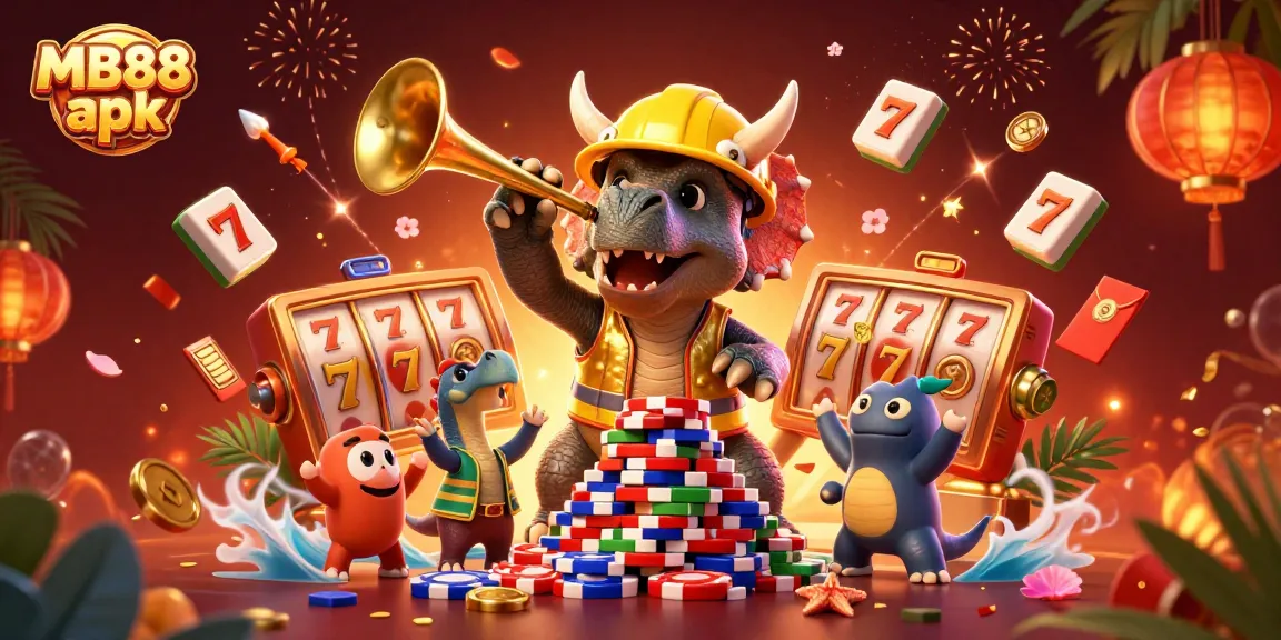 Celebrate winning with MB88 apk in this vibrant casino scene filled with fun characters and dynamic game elements.