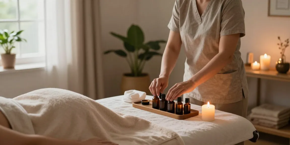 마포출장마사지 session with therapist prepping oils in a calming home environment.