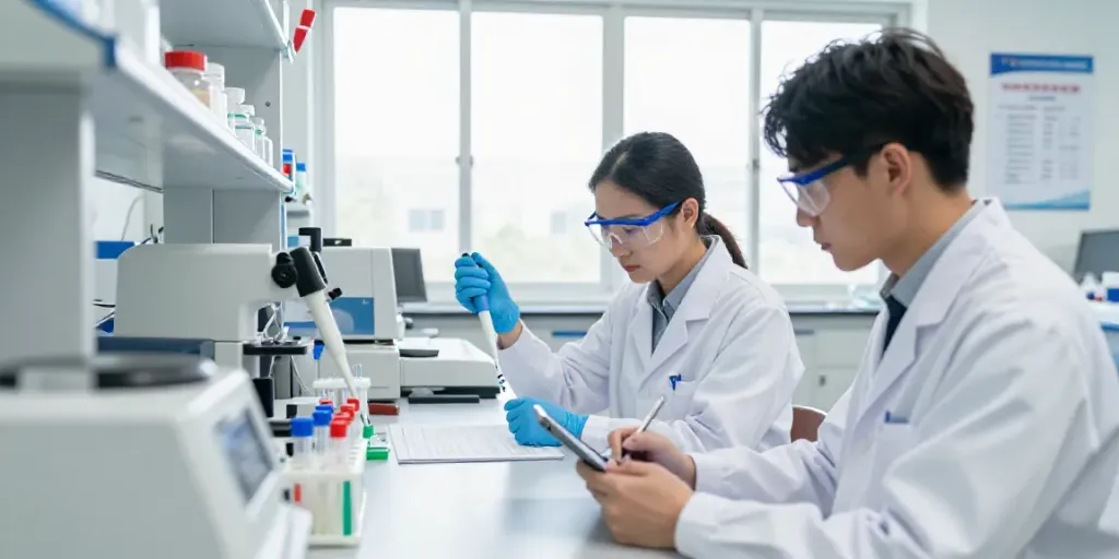 Researchers at swiss chem labs analyzing peptides in a modern laboratory.