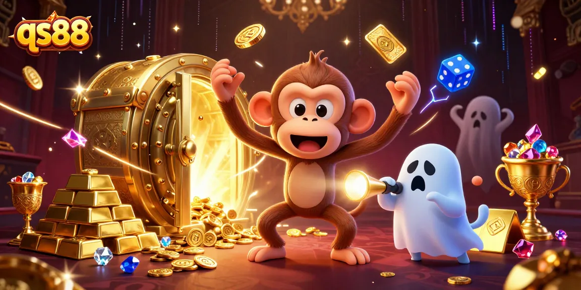 qs88 casino fun, a playful poltergeist monkey juggles golden riches in a haunted casino scene