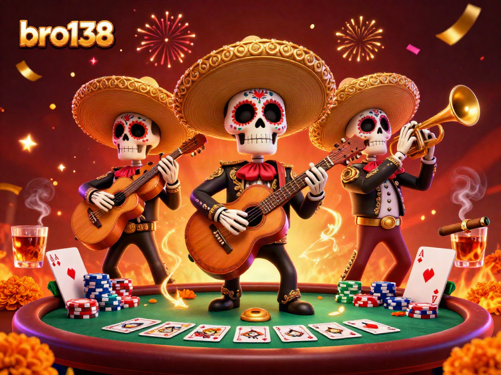 Experience the vibrant excitement at bro138 with a lively mariachi band surrounded by colorful poker elements.