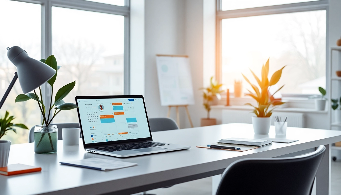 Utilizing an AI calendar assistant to enhance productivity in a modern office workspace.