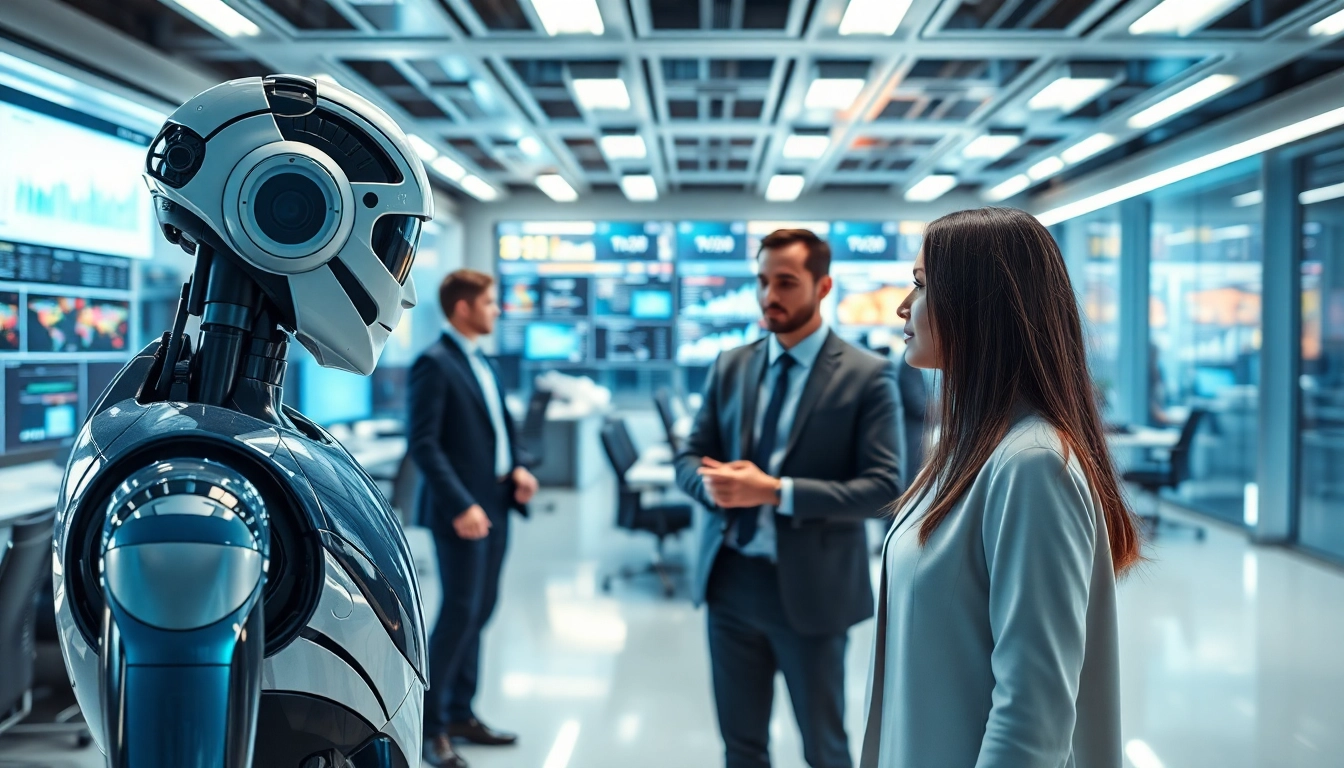 Ai Bots engaging in teamwork within a modern office, highlighting innovation and collaboration.