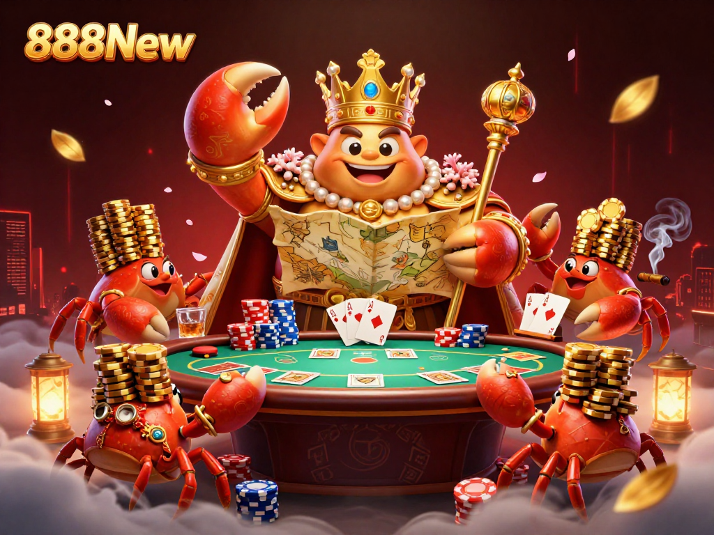 Experience the thrilling casino action at 888New showcasing a golden crab emperor amidst vibrant poker elements.