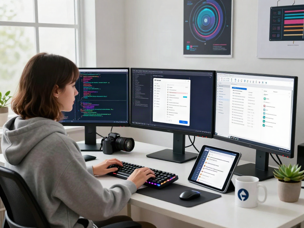 Pikashow APK development workspace with software engineer coding on three monitors, showcasing vibrant app designs and a creative environment.