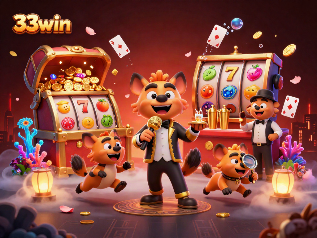 33win casino scene with hyena characters and slot reels featuring vibrant colors and captivating energy.