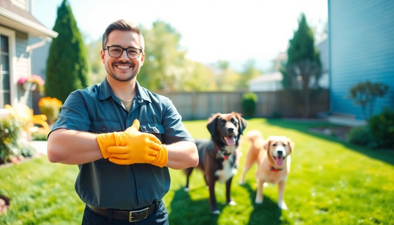 Professional pet waste removal service showcasing a technician cleaning a backyard.