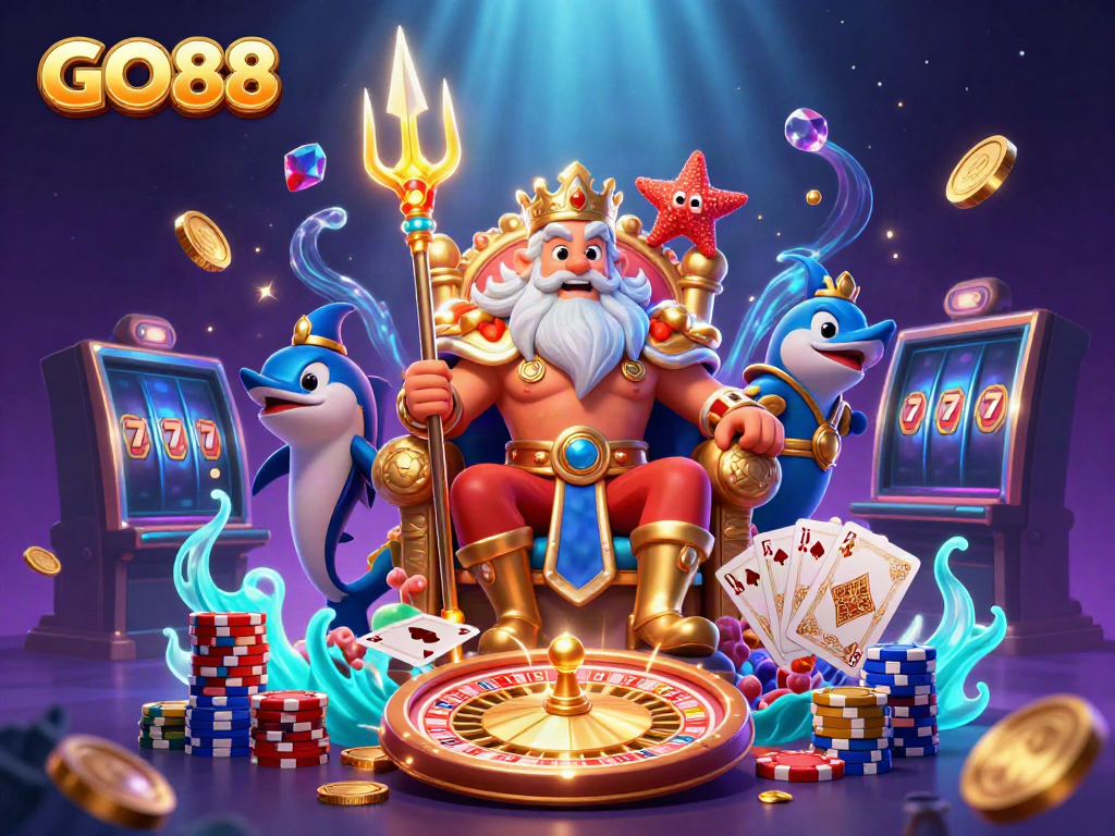 Experience the magic of GO88 with Neptune and dazzling casino elements in vibrant 3D.