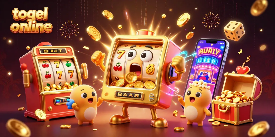 Engage with togel online action featuring a golden slot machine celebrating a jackpot amidst colorful casino elements.