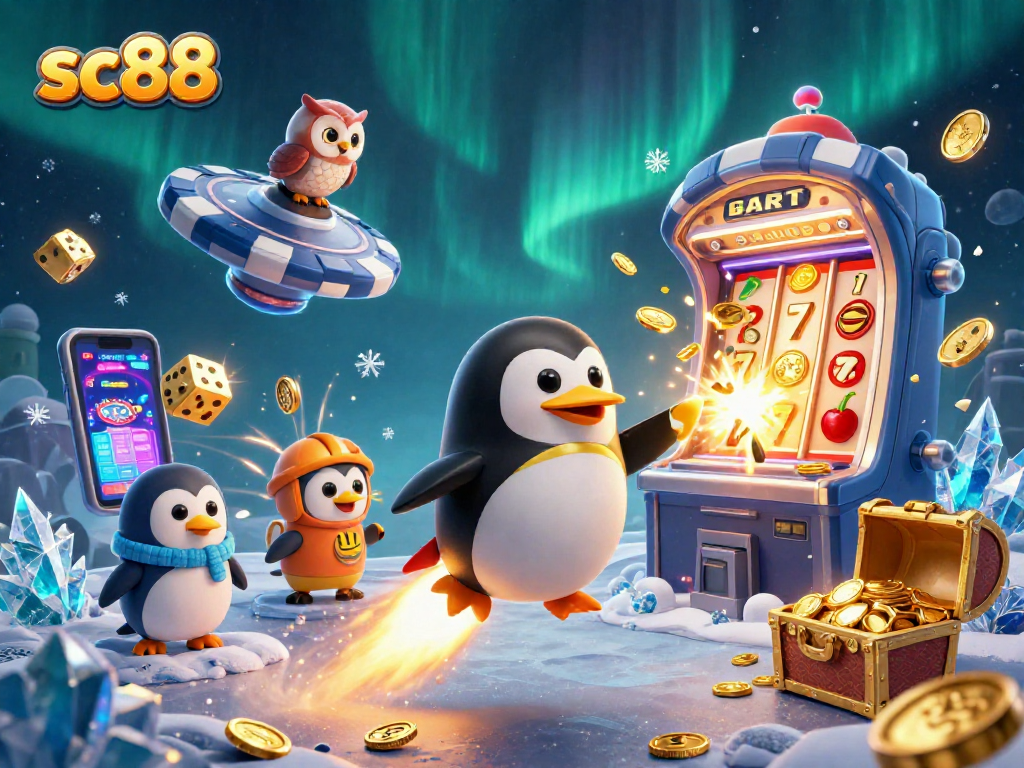 Engage with sc88 as the golden penguin flies to a casino-themed space station amidst winning symbols and festive elements.