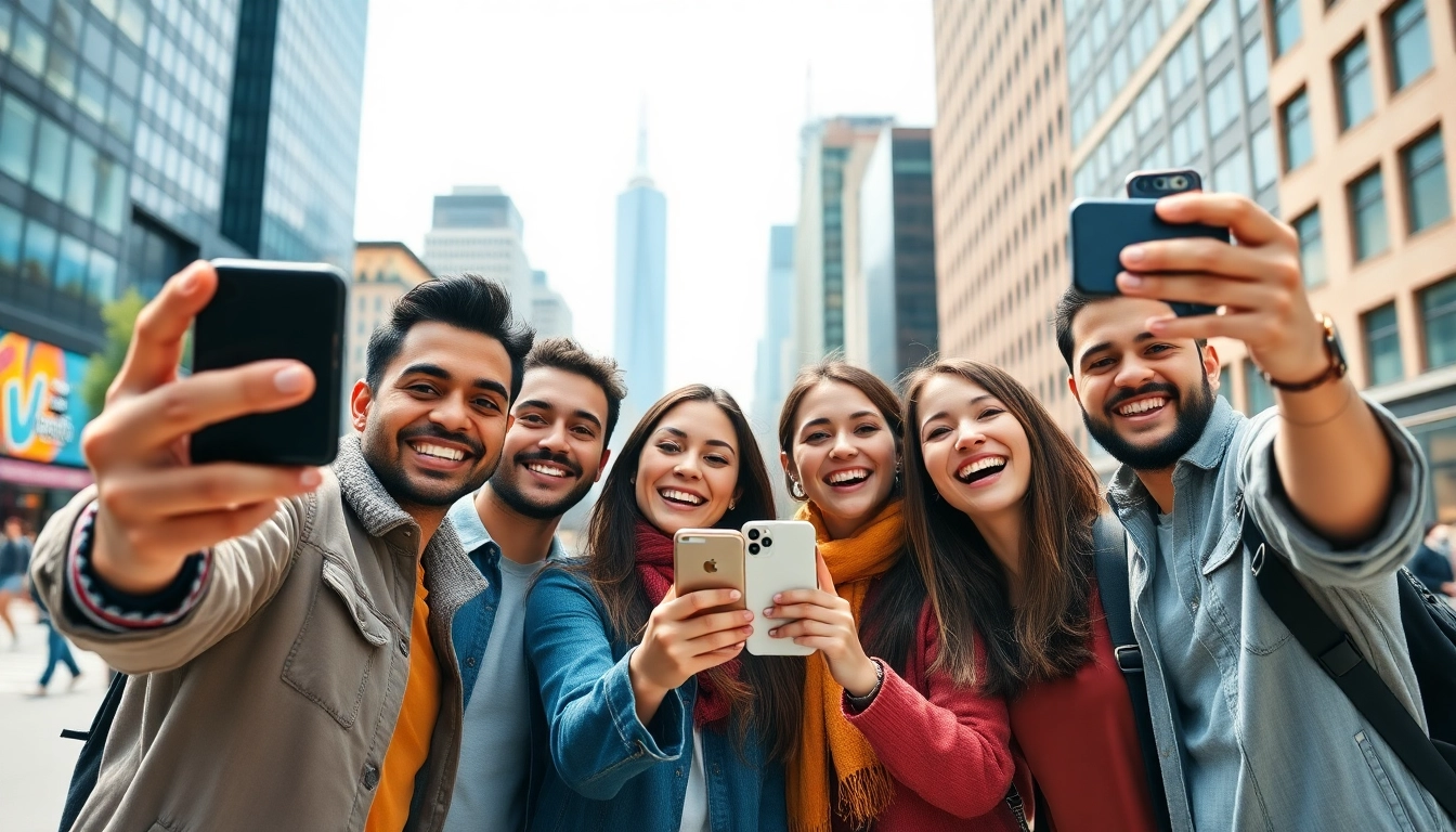 Group capturing a selfie in a vibrant city setting, showcasing excitement and togetherness.