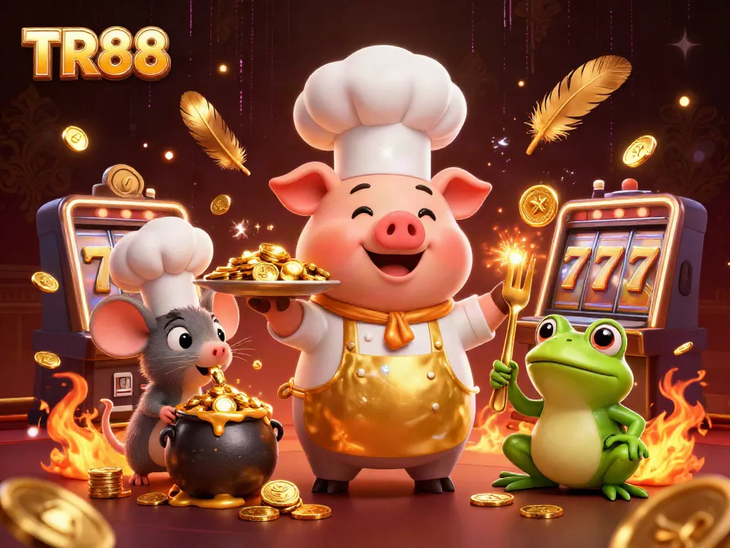 Engage with TR88 in a thrilling casino scene featuring a chef pig serving gold coins.