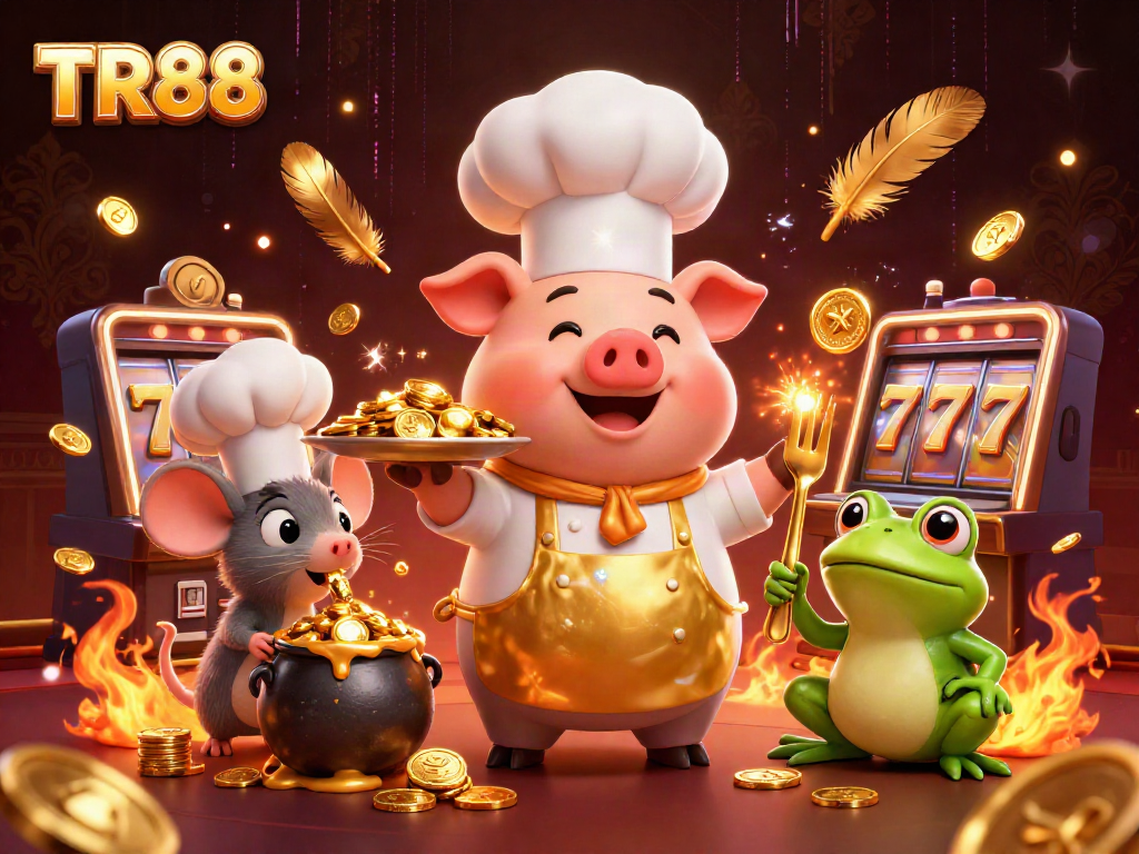 Engage with TR88 in a thrilling casino scene featuring a chef pig serving gold coins.