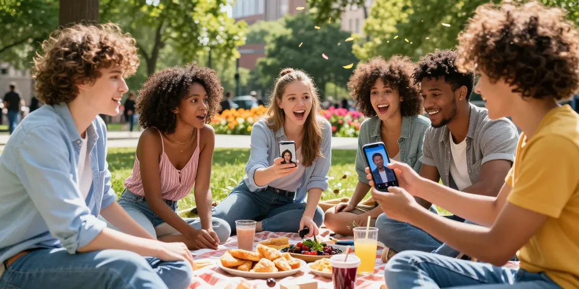 Group of friends checking their AI predictions of how old do I look during a sunny picnic