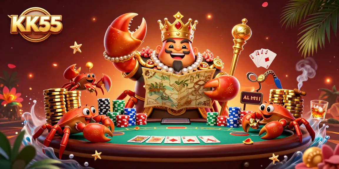 Experience the excitement of KK55 with a vibrant 3D illustration showcasing engaging poker elements and our unique crab emperor character.