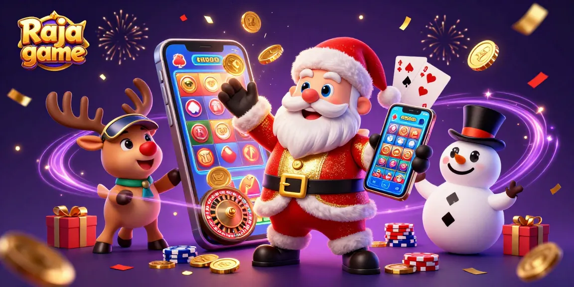 Immerse in the thrill of Raja game with Santa, reindeer, and a snowman celebrating casino wins.