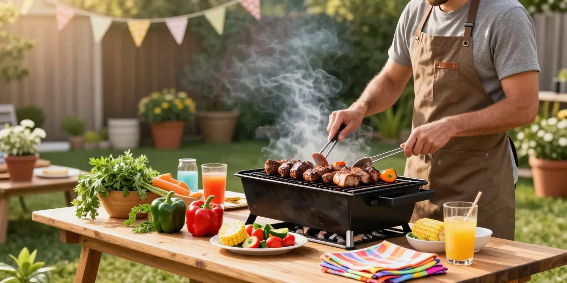 Griller menyiapkan hidangan di BBQ dengan BOS 88, suasana hangat dan ramah di taman.