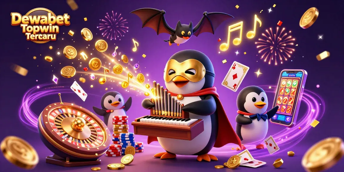 Dewabet Topwin Terbaru showcases an animated penguin playing organ with coins and festive casino elements in dynamic 3D art.