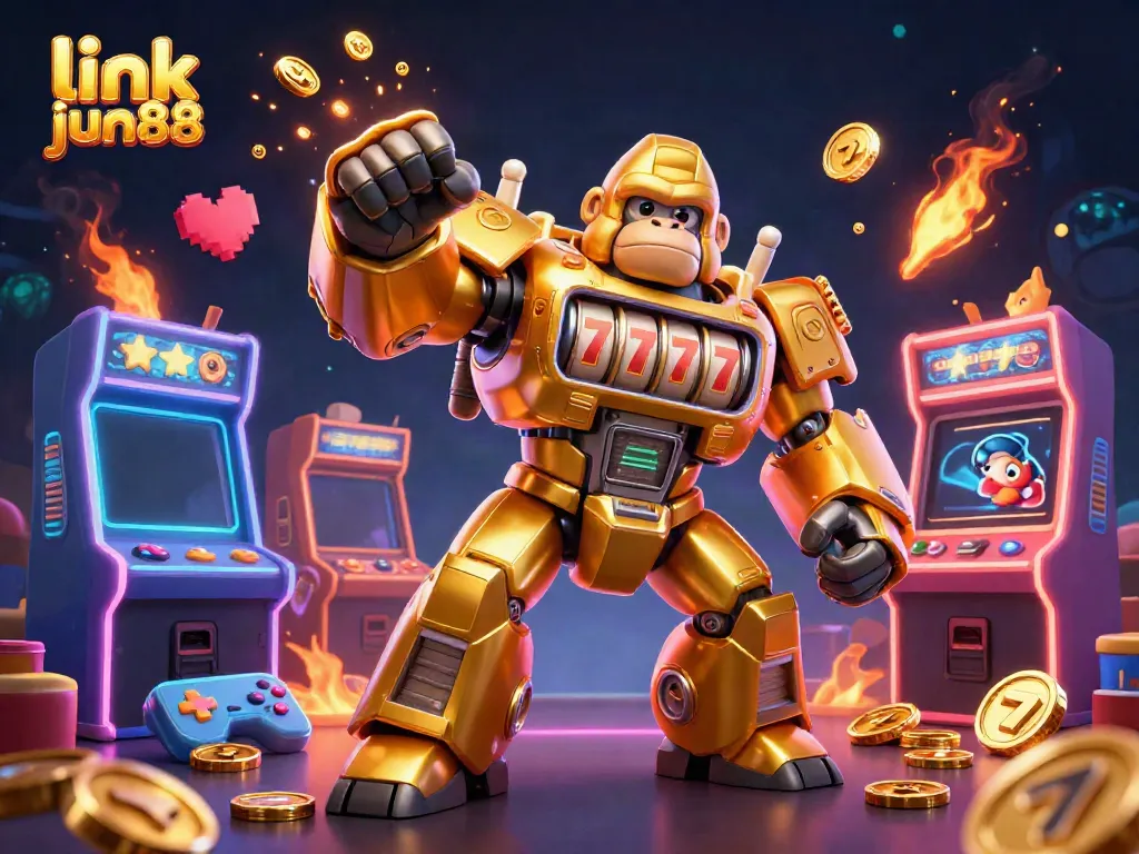 Engage in thrilling gameplay at link jun88 with a golden gorilla mech and colorful arcade elements.