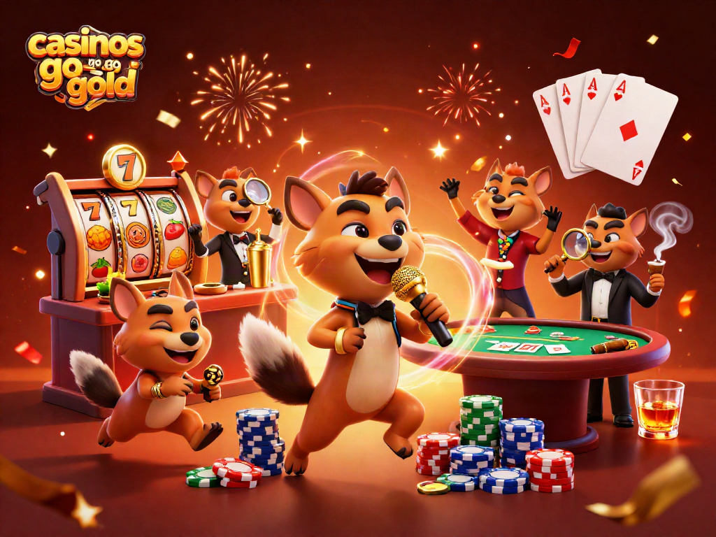 Enjoy thrilling games like Go Go Gold at a vibrant casino scene full of fun characters.