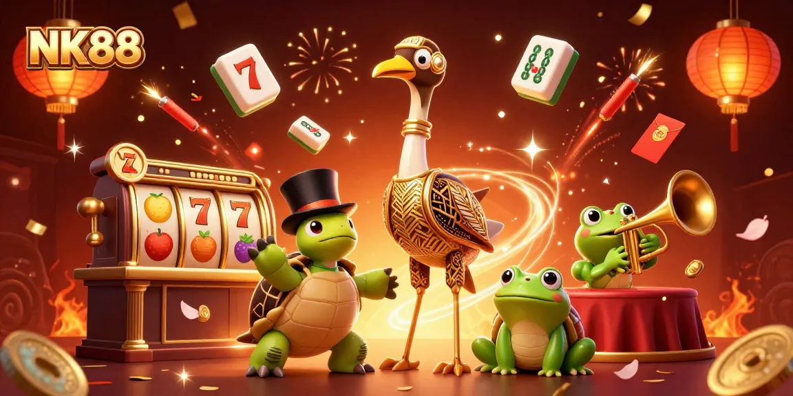 Experience thrilling slots and casinos with NK88 as vibrant game characters celebrate in 3D.