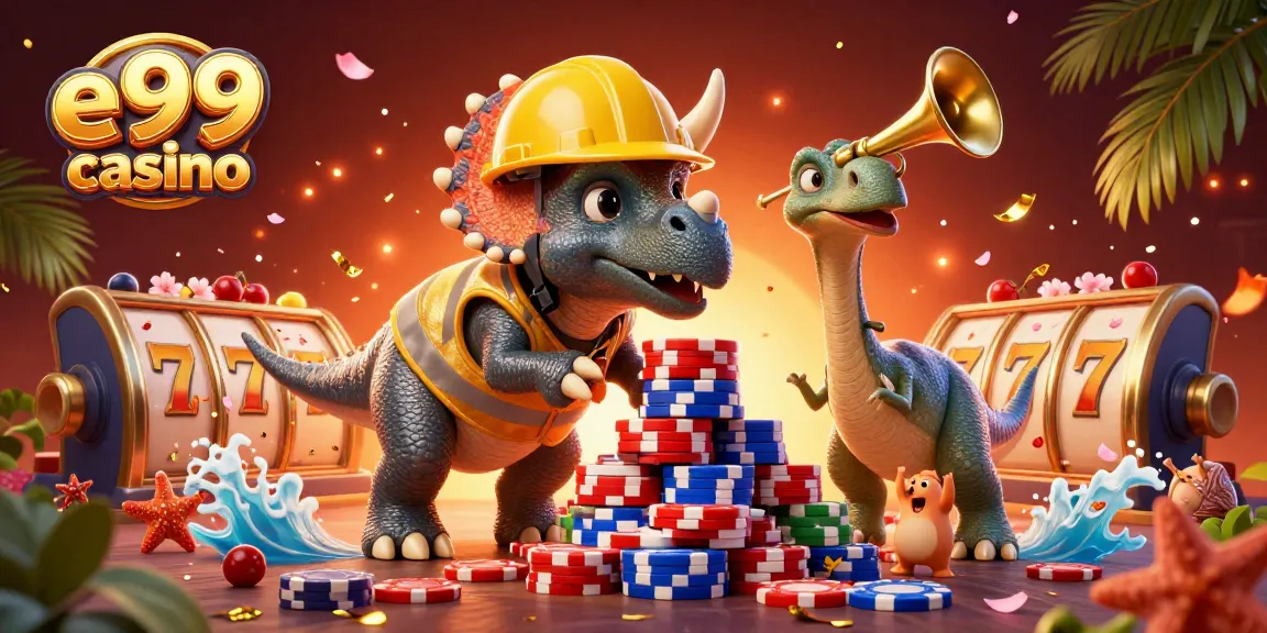 Join the excitement at e99 casino with vibrant 3D characters celebrating big wins and spinning slots.