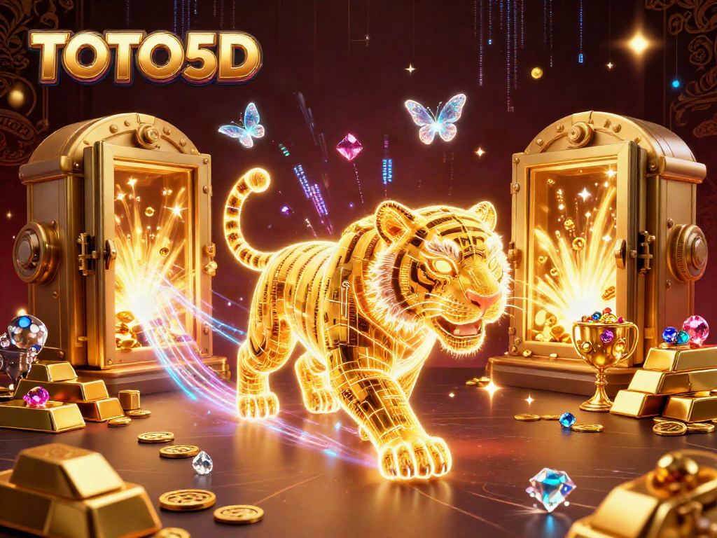 TOTO5D enticing players with a vibrant scene of a neon tiger in a mystical casino.