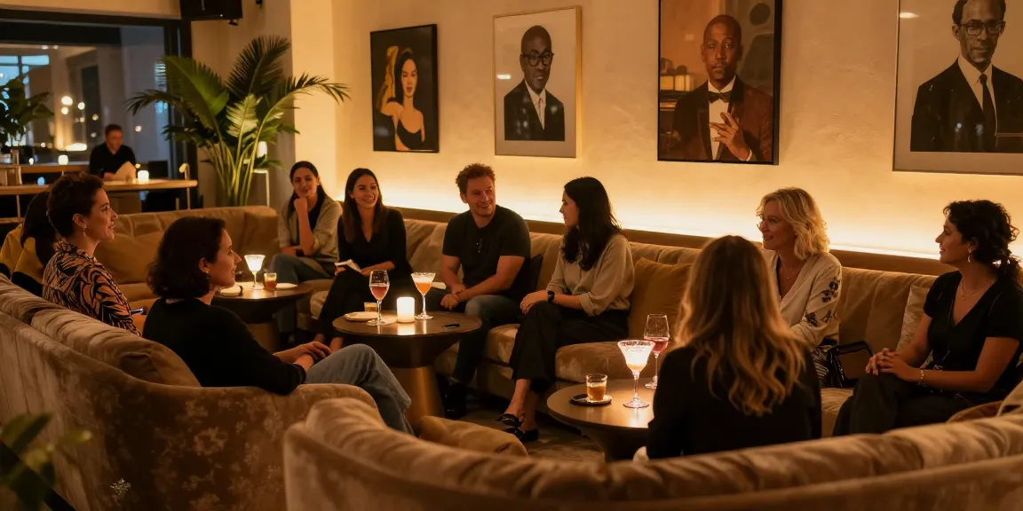Cityescorthub lounge scene with adults socializing in an elegant, warm setting