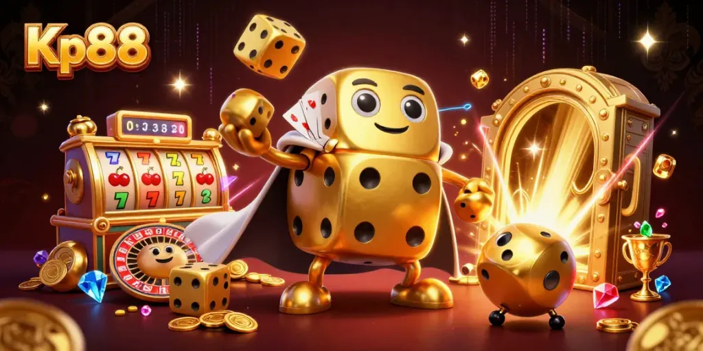 Kp88 rolls golden dice among luxurious casino treasures in a vibrant illustration of online gaming.