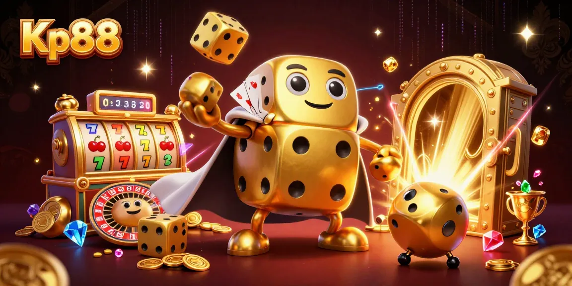 Kp88 rolls golden dice among luxurious casino treasures in a vibrant illustration of online gaming.