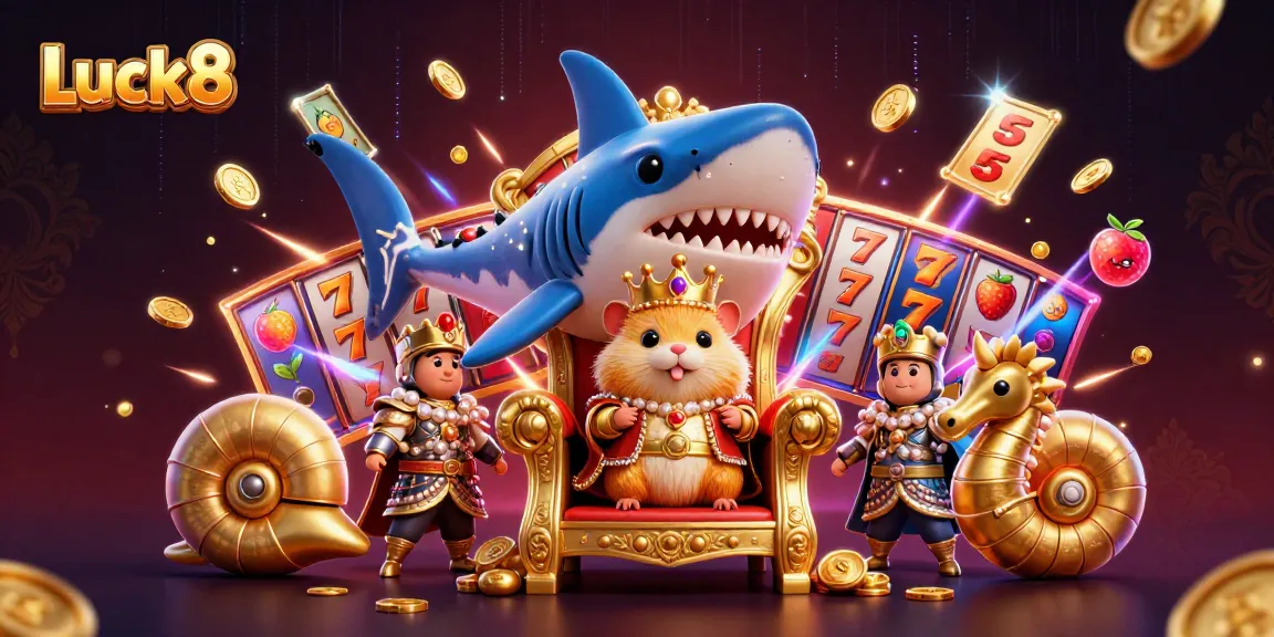 Luck8 showcases a thrilling casino scene with a hamster king and slot elements.
