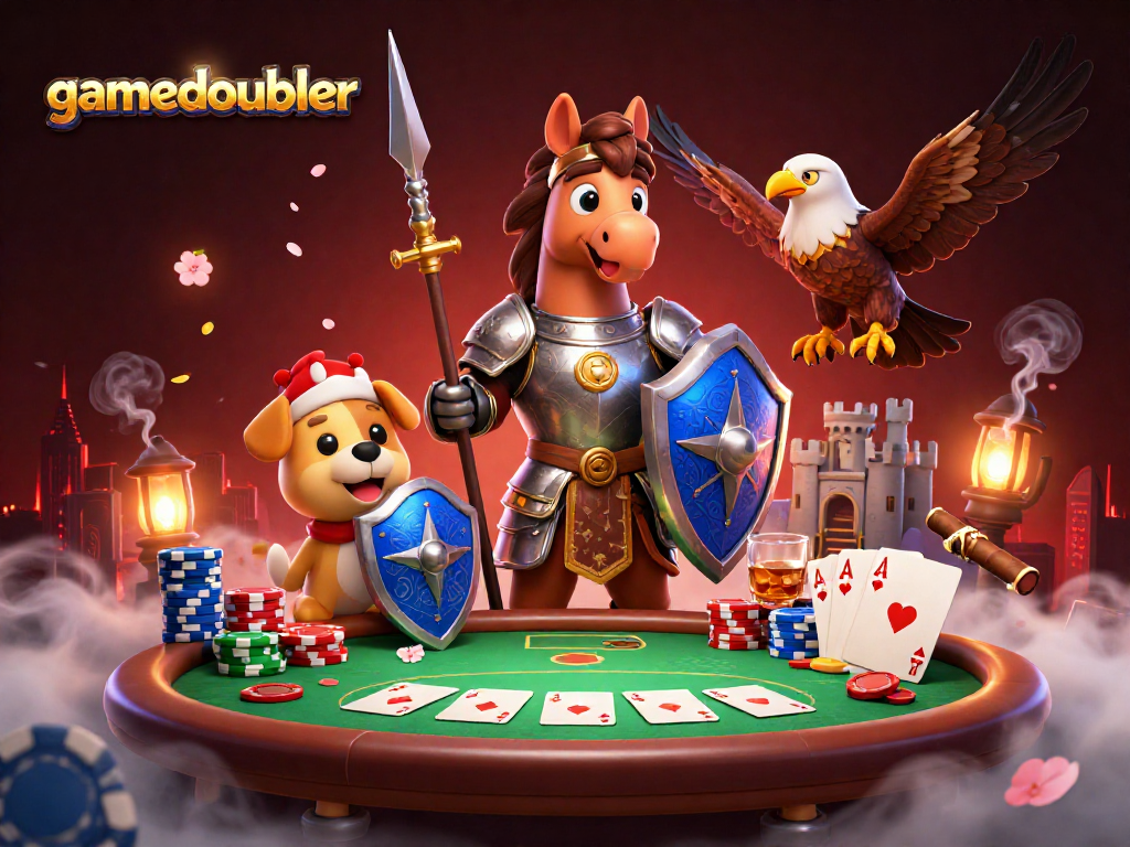 Engage with gamedoubler's rich poker scene featuring knights, chips, and exciting game elements.