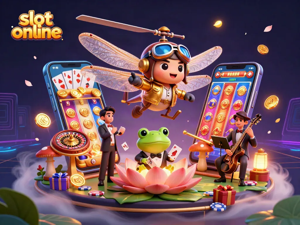Engage in exciting slot online experiences with a vibrant scene featuring a dragonfly pilot and a frog croupier.