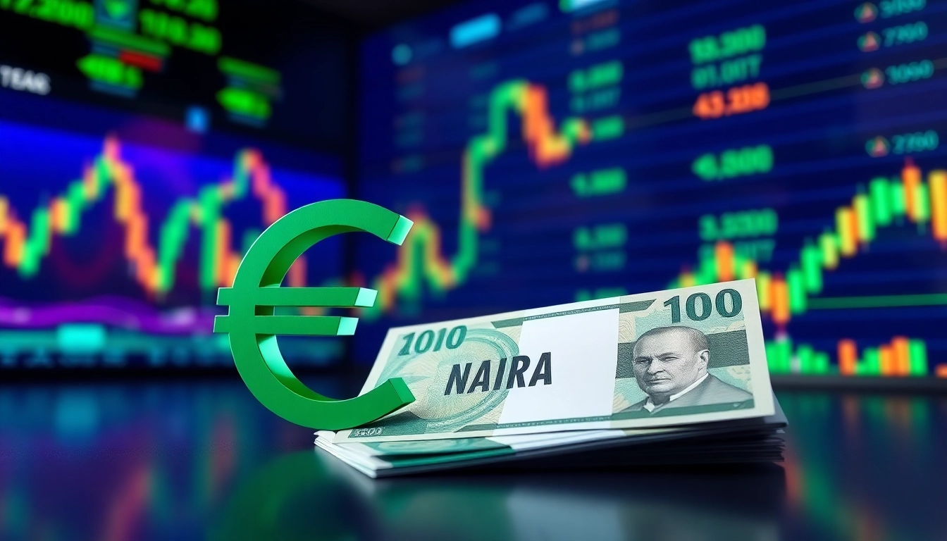 Visualizing the Euro to naira exchange rate with Euro and Naira notes amidst dynamic currency graphs.