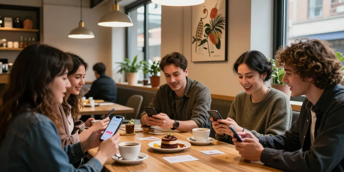 Singles connecting on the HundRoses app in a cozy café, showcasing modern dating.