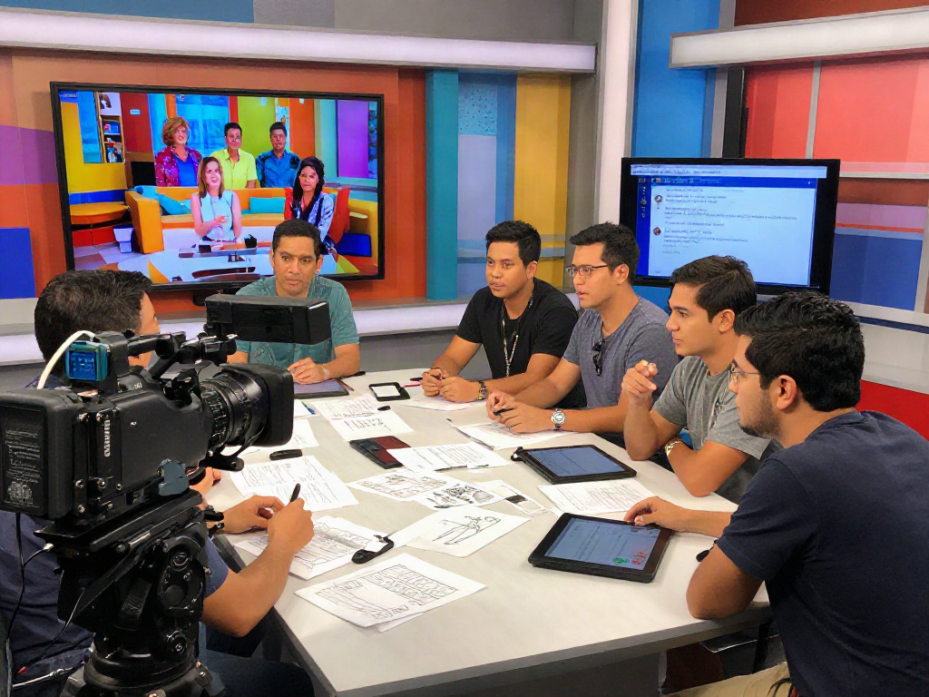 Creative collaboration in a vibrant television studio for kapamilyachannel.com, team brainstorming new show ideas with colorful backdrops and equipment.