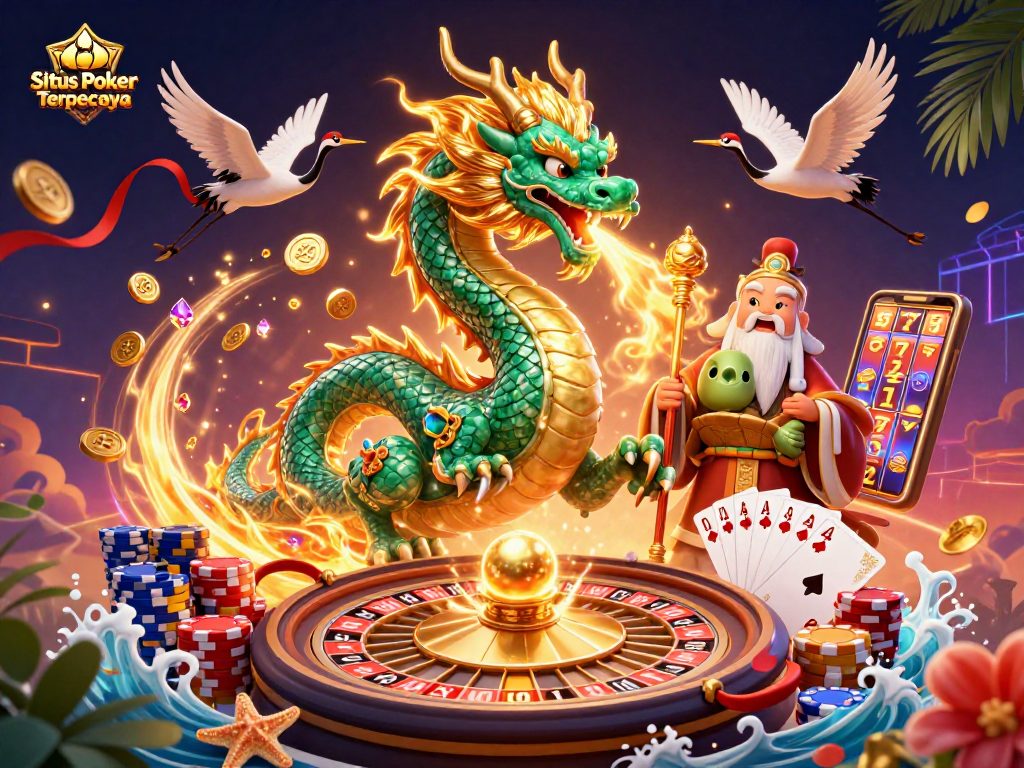 Experience thrilling Texas Hold'em action at Situs Poker Terpercaya with a vibrant dragon and dragon-themed atmosphere.