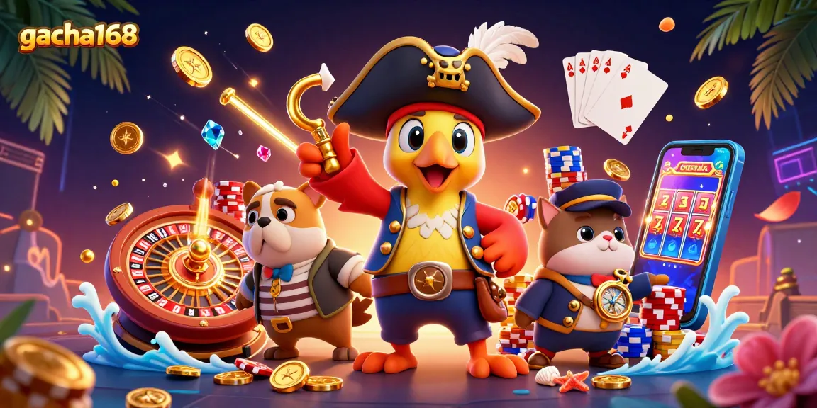 Win big at gacha168 with animated scenes of a pirate captain, bulldog, and cat navigating casino adventures.