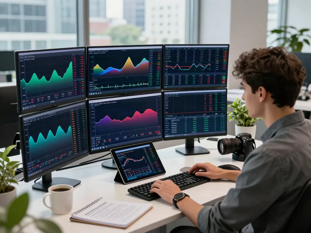 Young trader using TradingView charts in a vibrant trading workspace
