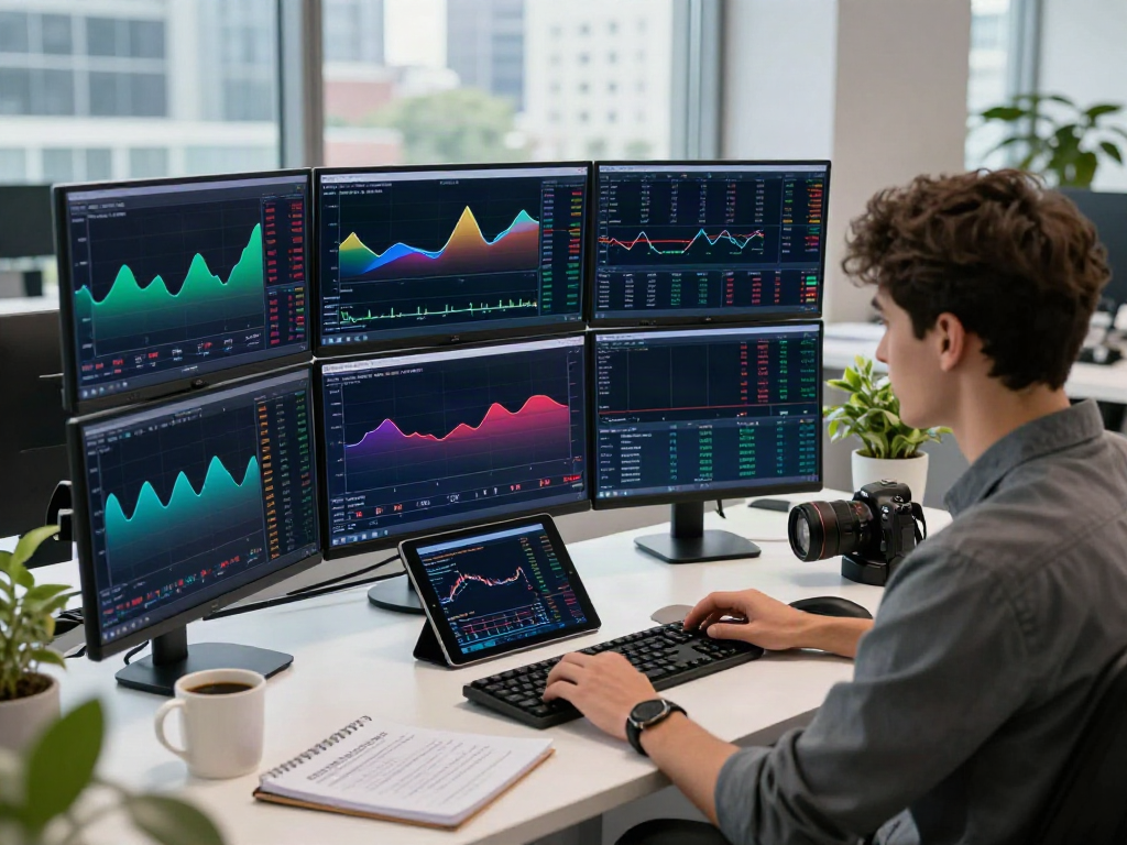 Young trader using TradingView charts in a vibrant trading workspace