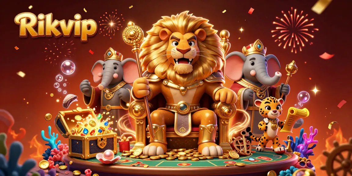 Engage in thrilling gameplay at Rikvip with a lion king, an elephant advisor, and a cheetah in a vibrant casino scene.