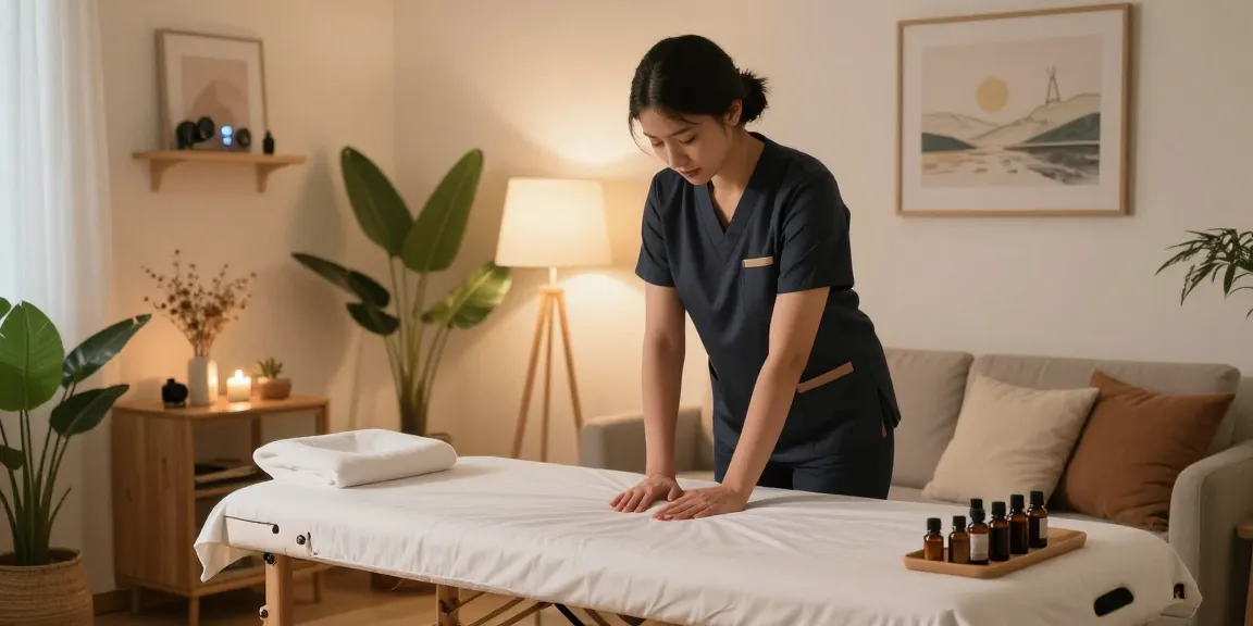 부천출장안마 home massage therapist setting up in peaceful environment.