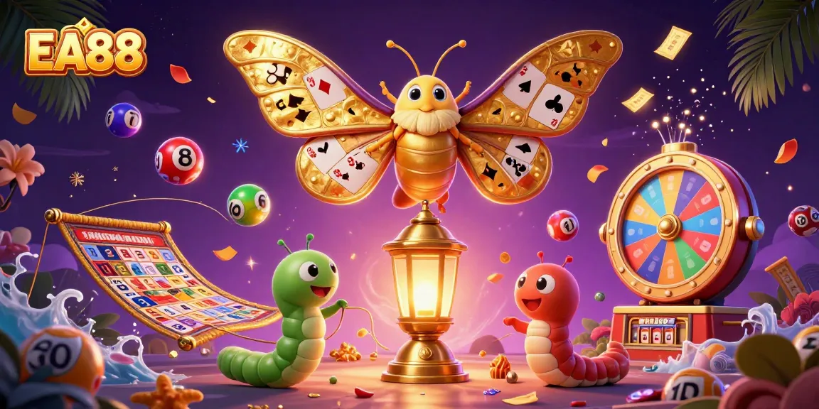 Play thrilling games at EA88 featuring vibrant lottery balls and a majestic atlas moth.