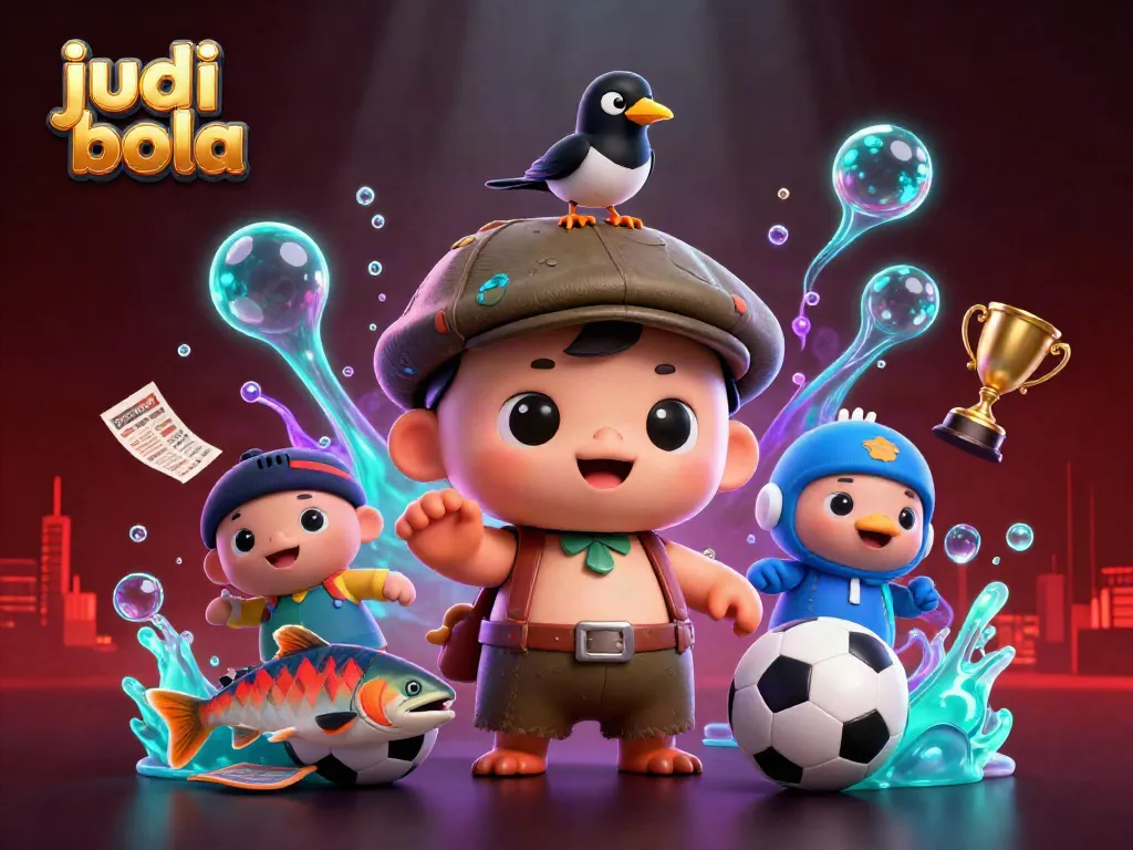 Gambar judi bola dengan monster Nessie lucu dan elemen stadion taruhan yang cerah.