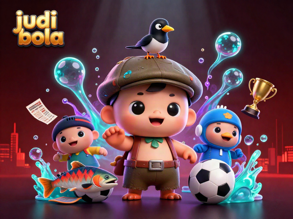 Gambar judi bola dengan monster Nessie lucu dan elemen stadion taruhan yang cerah.