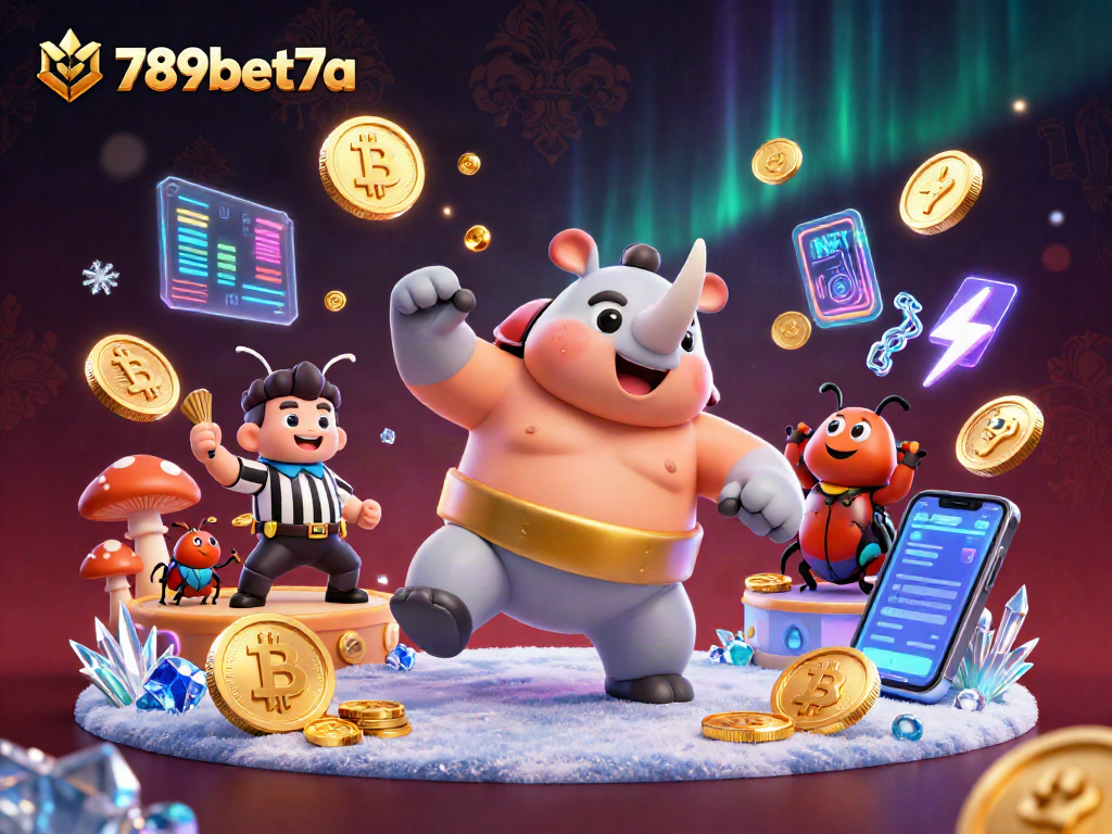 Experience thrilling action at 789bet7a with a sumo beetle champion amidst a dazzling casino scene.