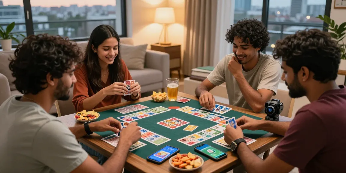 Indo Rummy gaming experience with friends around a coffee table, enjoying card games and snacks.