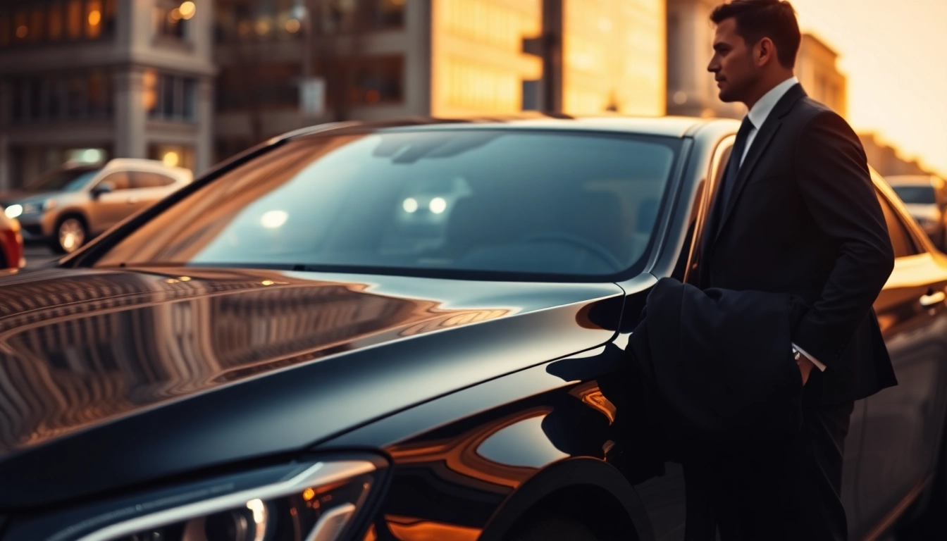 Experience premium luxury car service with a sophisticated sedan and professional chauffeur in an elegant city setting.